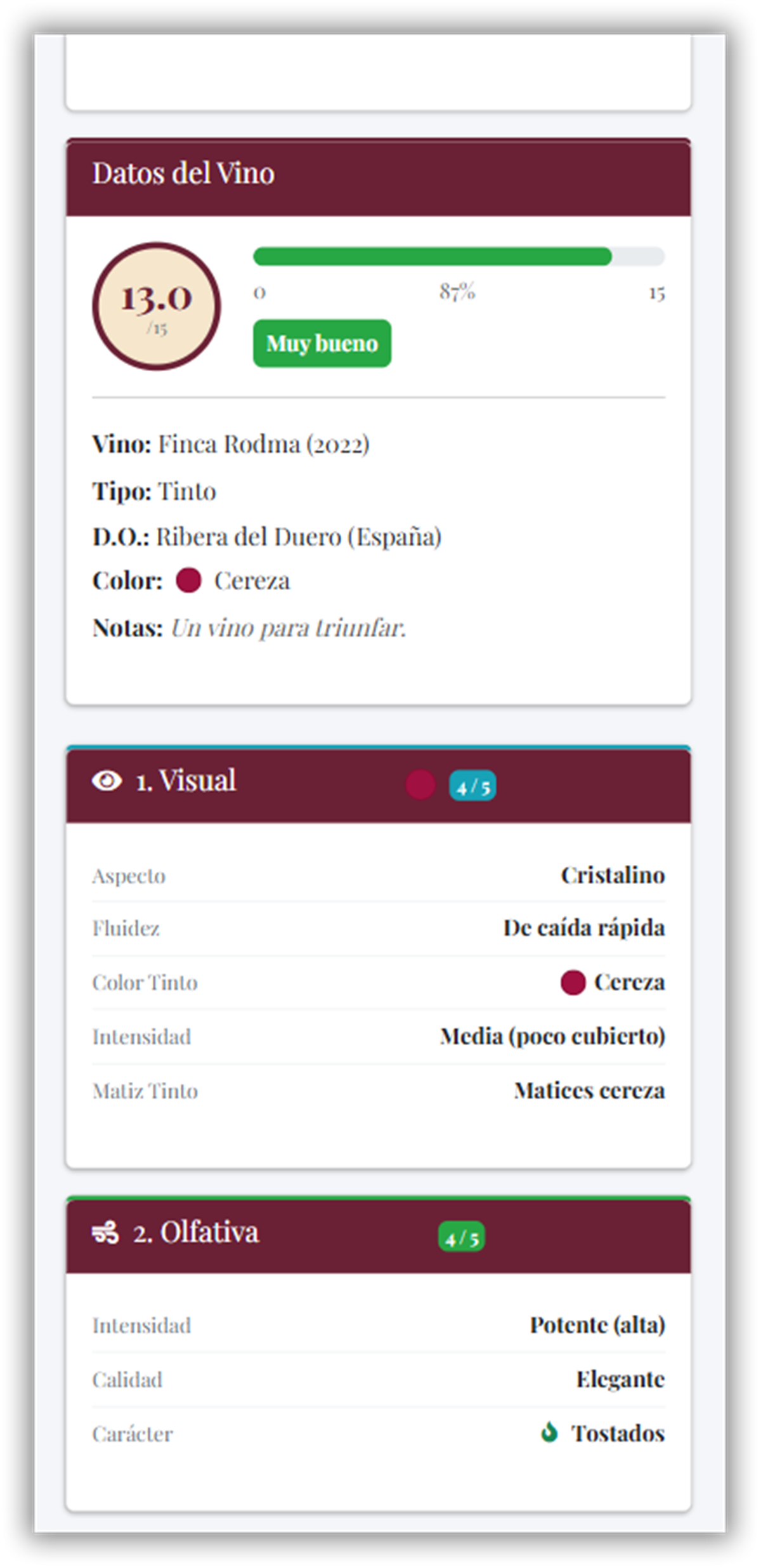 Formulario de cata de vino en móvil