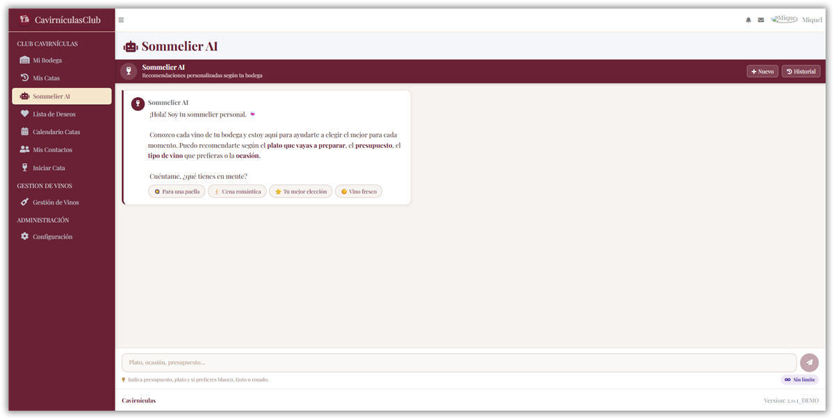 Chat con el sommelier IA de Cavirnículas en escritorio