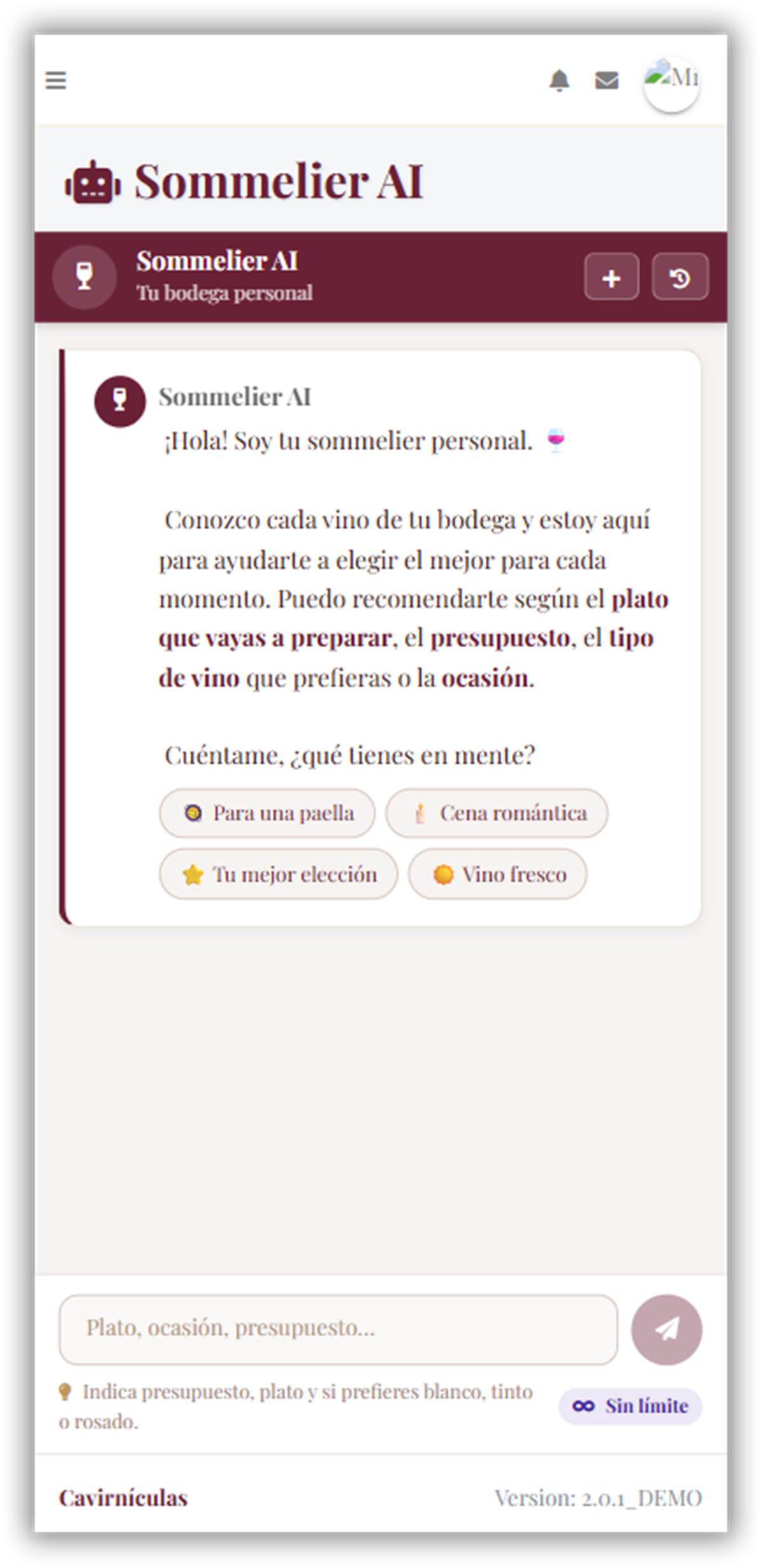 Chat con el sommelier IA de Cavirnículas en móvil